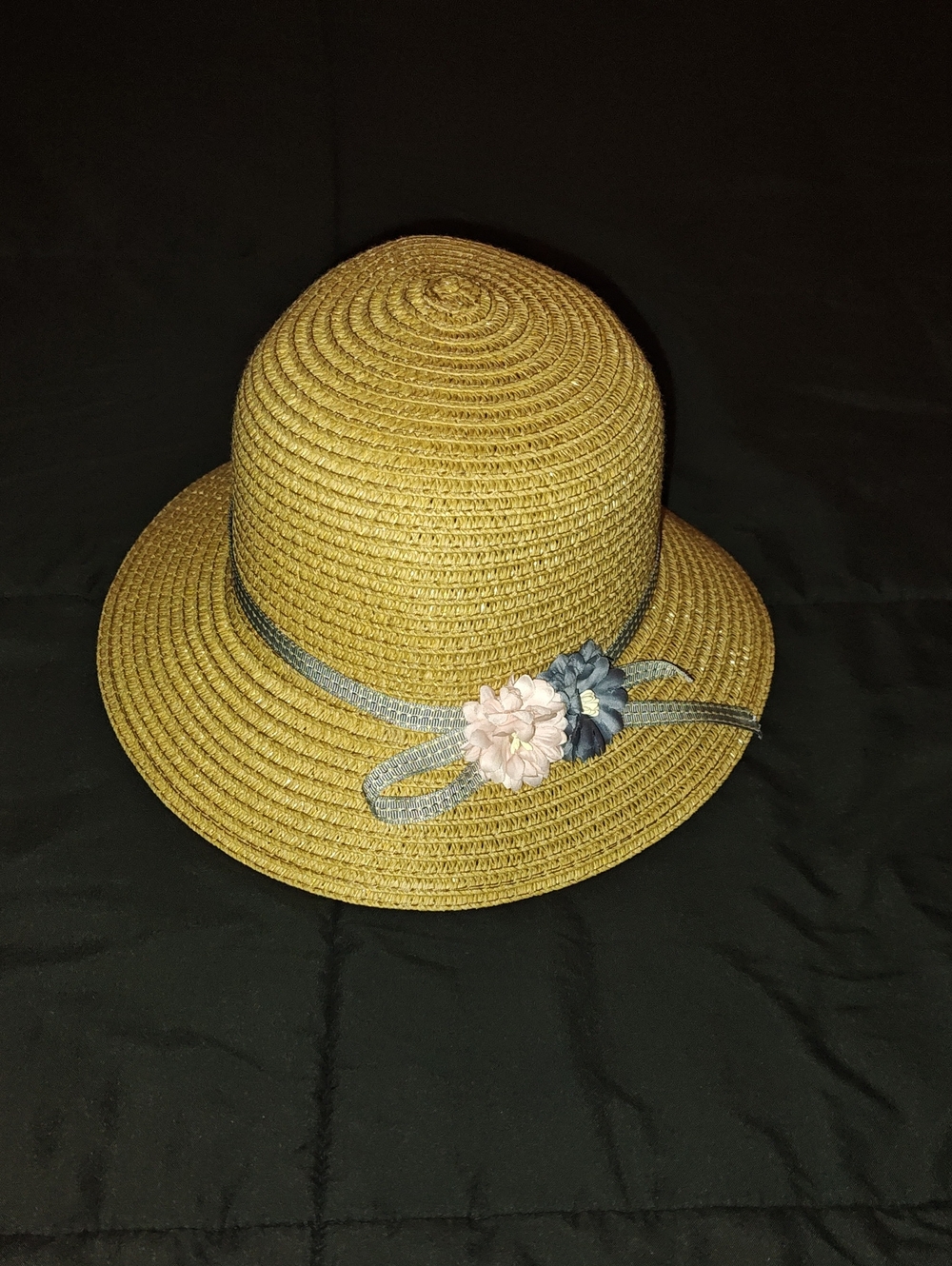 Straw Sun Hat with Blue Ribbon and Pink Flower